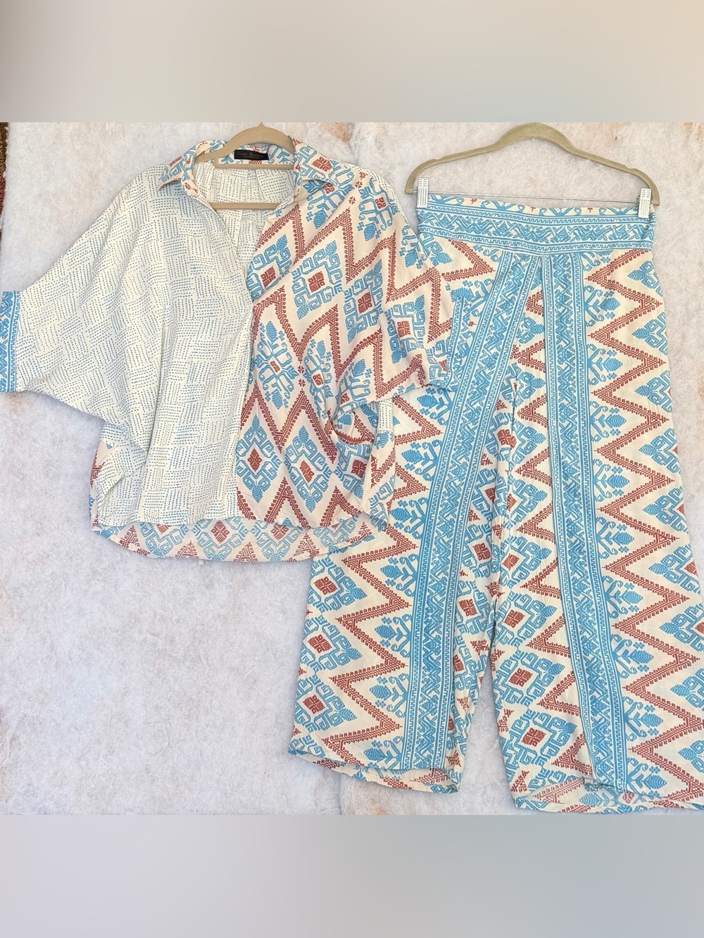 Cap Bali Boho Printed set Wide-Leg Pants in Blue & Cream (SKU860)